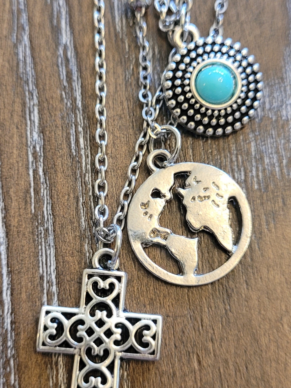 Silver Layered Necklace with Filigree Cross, Globe and Turquoise Medallion
